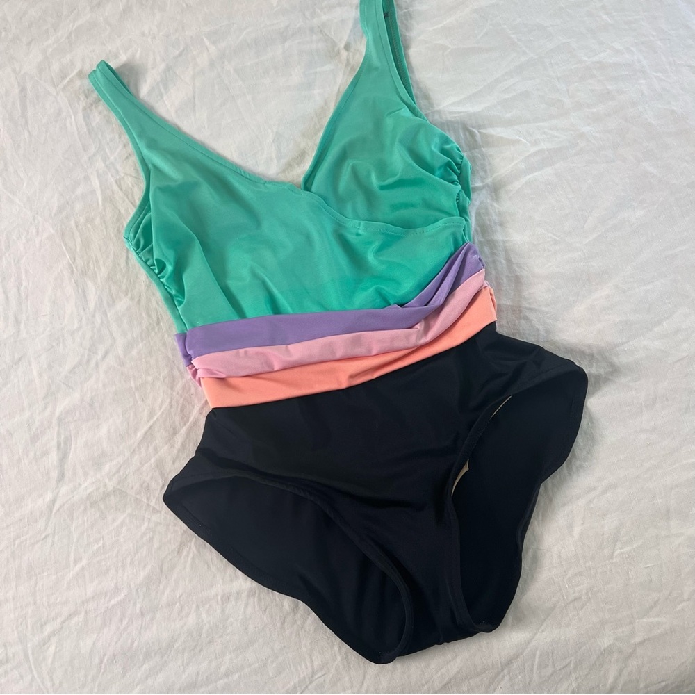 VINTAGE/ 80s pastel colorblock one-piece swimsuit